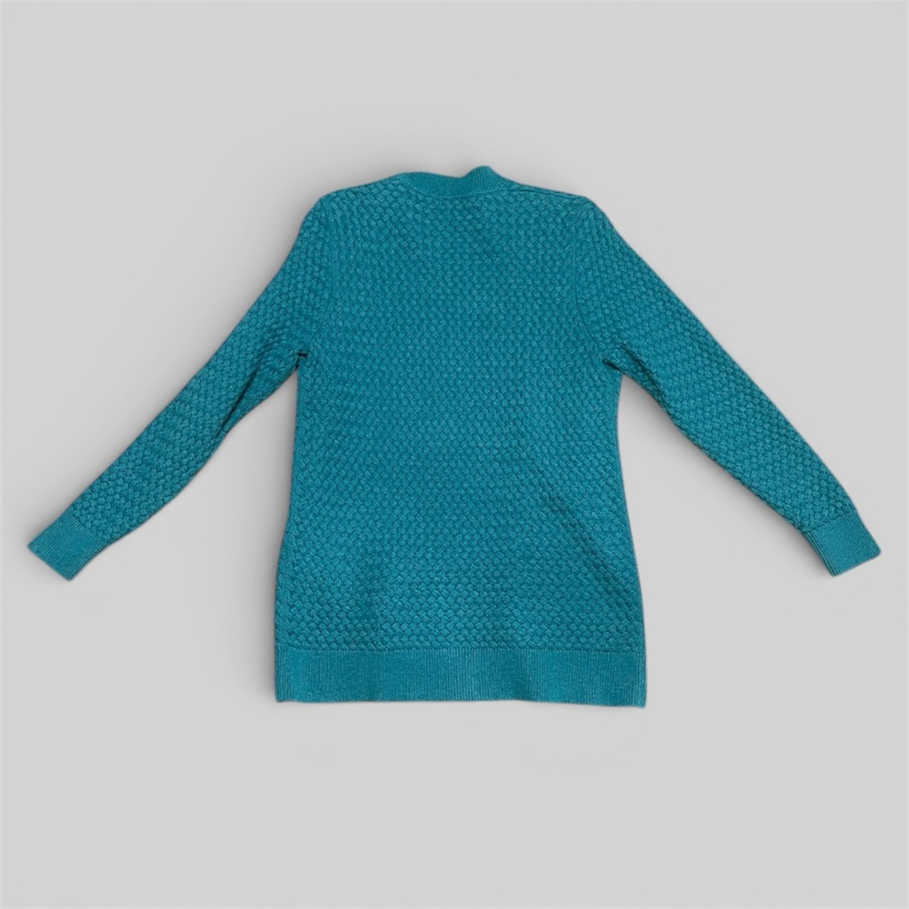Vintage L.L. Bean Textured Knit Cardigan Sweater L Petite Teal Open Front - Picture 2 of 8